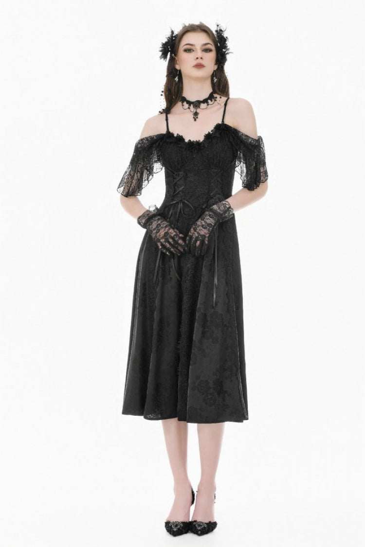Black Off Shoulder Lace Flutter Sleeves Jacquard Side Corset Lace-Up Women's Gothic Slip Dress - Product - 10