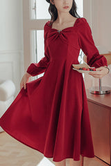 Red French Hepburn Velvet Square Collar Long Sleeves High Waisted Sweet Lolita OP Dress - Red - 1