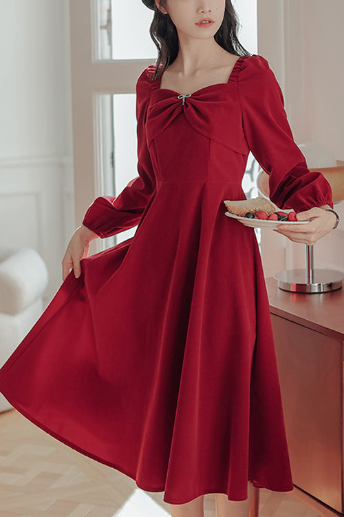 Red French Hepburn Velvet Square Collar Long Sleeves High Waisted Sweet Lolita OP Dress - Red - 1