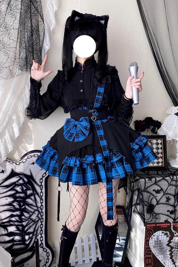 Electronic Kitten Dark Girl Multi-layer Plaid Print Ruffle Bowknot Gothic Lolita Skirt 3 Colors - Blue - 1