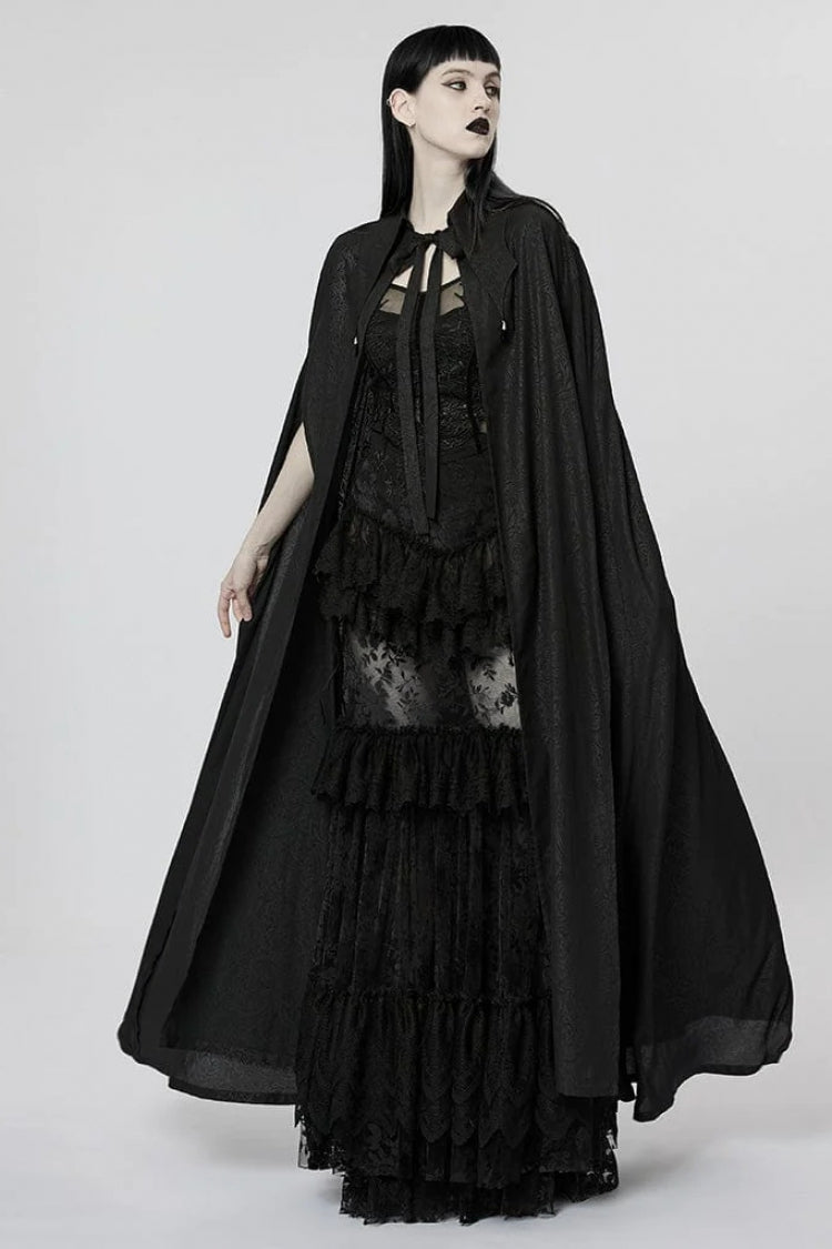 Black Mesh Lapel Collar Lace Jacquard Womens Gothic Cloak - Product - 2