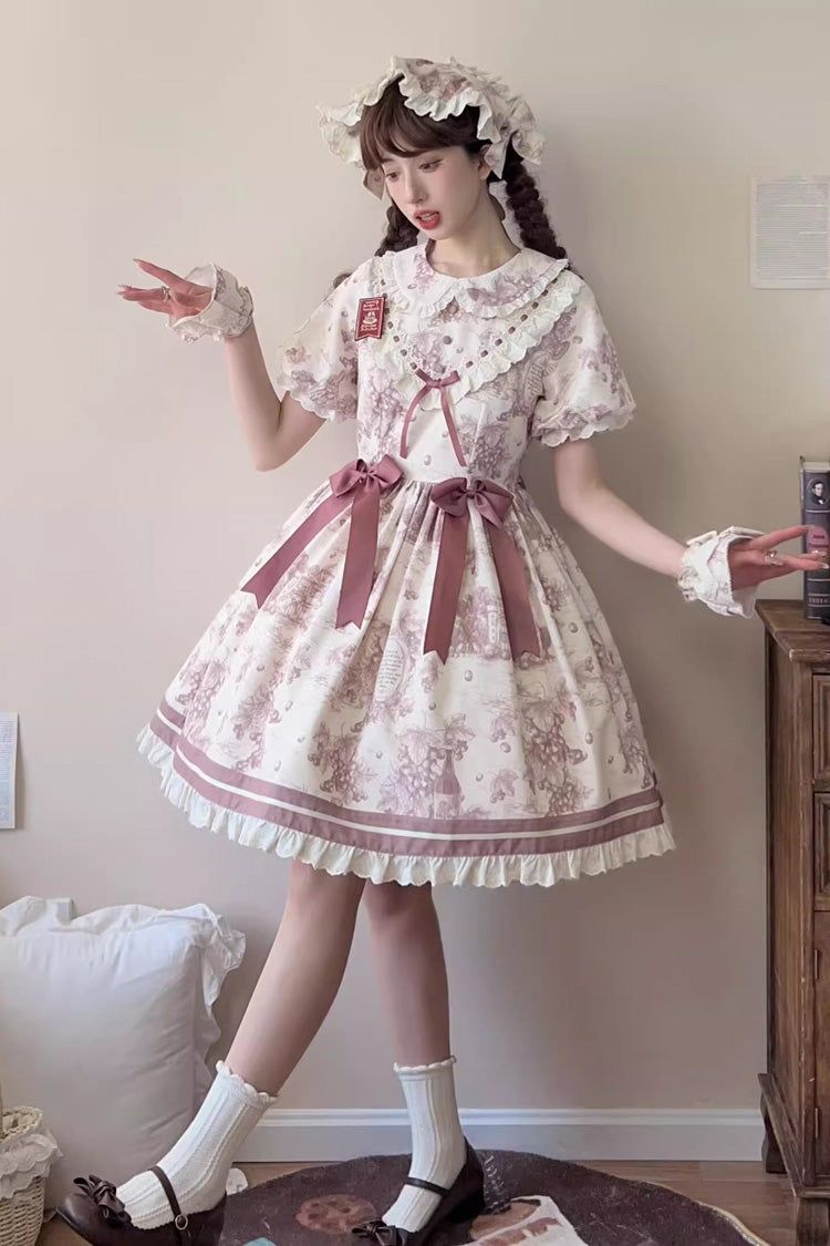 Smoky Purple [Grape Moon Almanac] Short Sleeves Multi-Layered Printed Ruffled Bow Sweet Lolita Dress - Smoky-Purple - 1