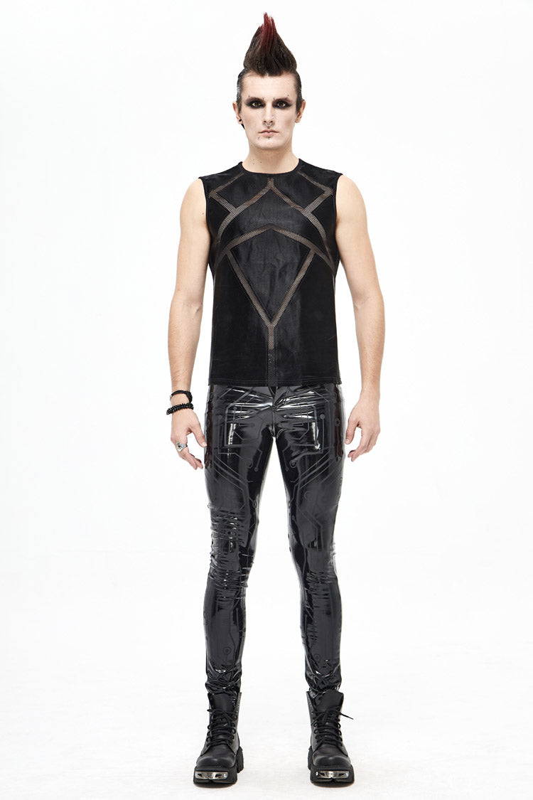 Black Shiny Knits Splice Armor Modeling Mesh Men's Punk Vest - Product - 4