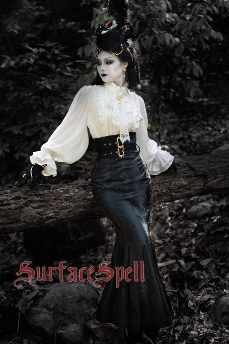 Black Faux Leather Snake Print Flared Fishbone Mermaid Gothic Lolita Skirt - Product - 8