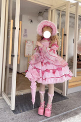 Pink [Velvet Cake] Long Trumpet Sleeves Multi-Layered Ruffle Bowknot Lace Sweet Lolita Dress - Product - 9