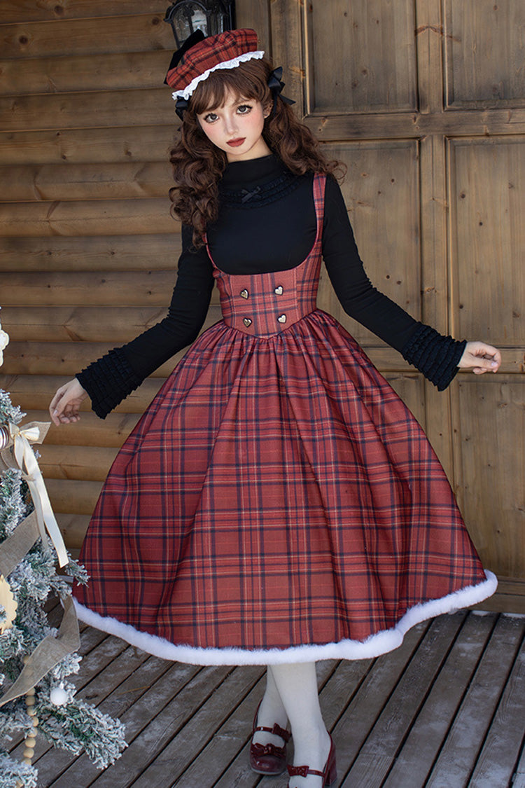 Red Striped Plaid Print Fall Winter Fishbone Sweet Corset Lolita Dress 2 Versions - Product - 12