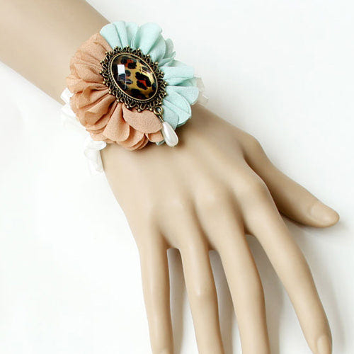 Retro Fashion Leopard Print Gemstone Pink Blue Flower White Lace Female Lolita Bracelet - Multi-Color - 1