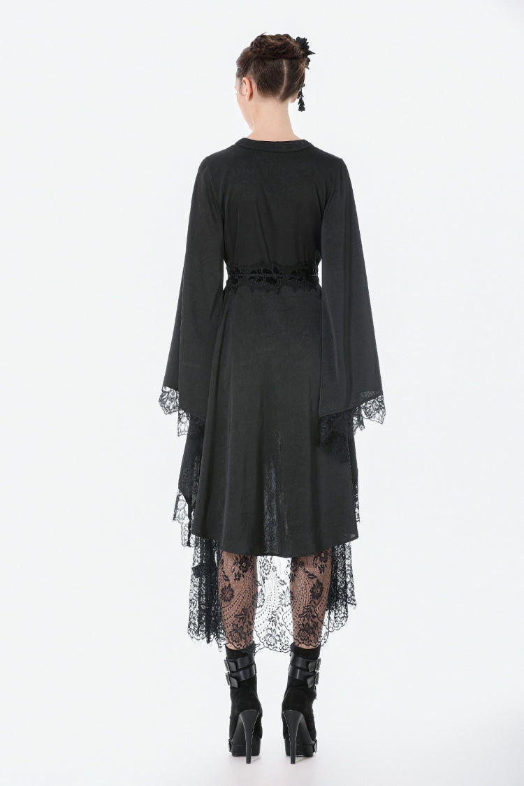 Black V Collar Long Trumpet Sleeves Lace Sheer Women's Gothic Kimono High Low Long Dress - Product - 4