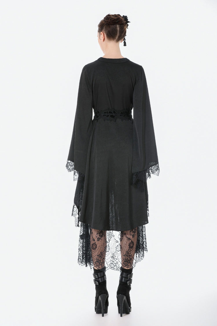 Black V Collar Long Trumpet Sleeves Lace Sheer Women's Gothic Kimono High Low Long Dress - Product - 4