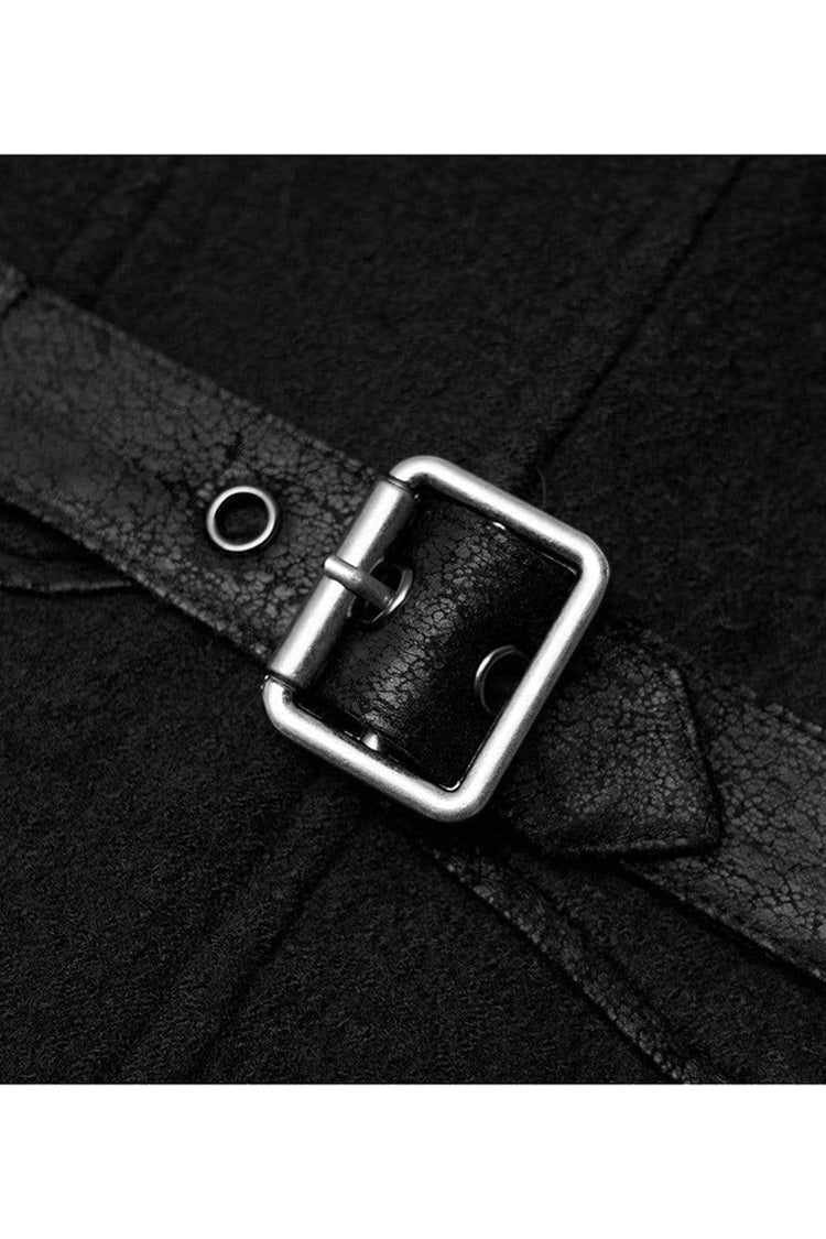 Black Punk Stand Up Collar Metal Buckle Crack Leather Strap Decoration Lace Up Cuff Woolen Women's Coat - Product - 6