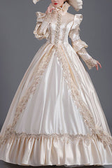 Champagne Court Style High Waisted Long Sleeves Single Breasted Ruffled Victorian Lolita Prom Dress - Champagne - 1