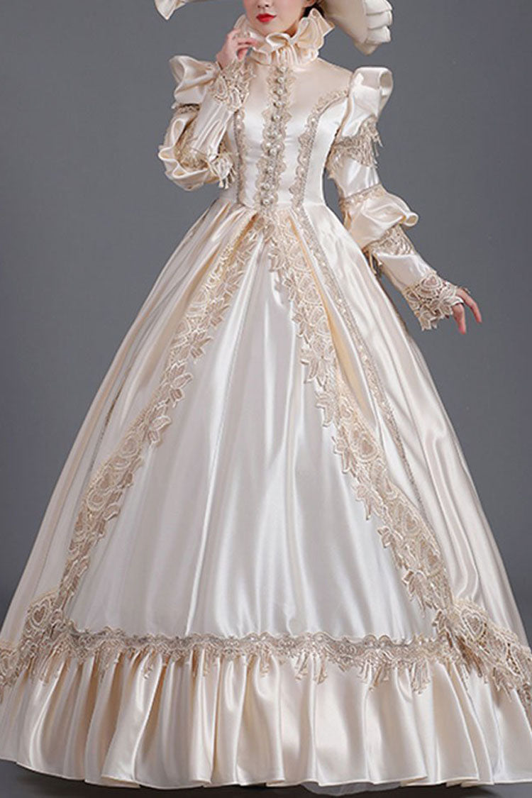 Champagne Court Style High Waisted Long Sleeves Single Breasted Ruffled Victorian Lolita Prom Dress - Champagne - 1