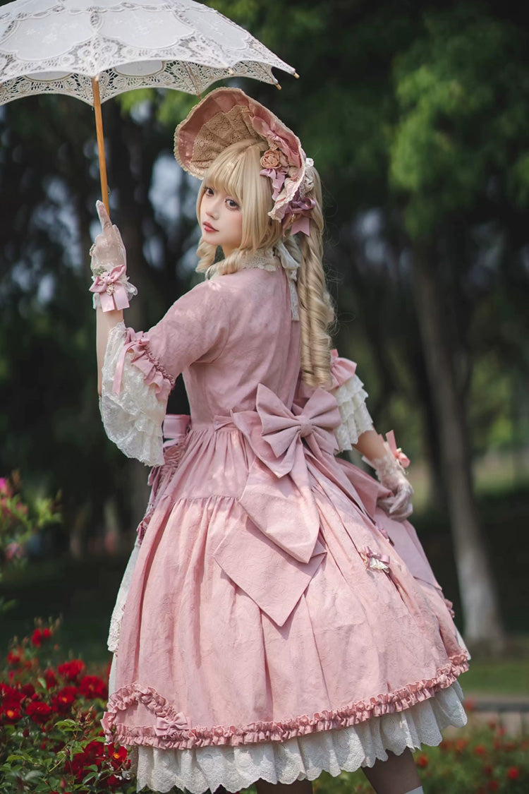 Pink [Lilica Garden] Lapel Collar Short Trumpet Sleeves Ruffled Open-Front Bow Lace Sweet Elegant Luxurious Lolita Dress - Product - 3