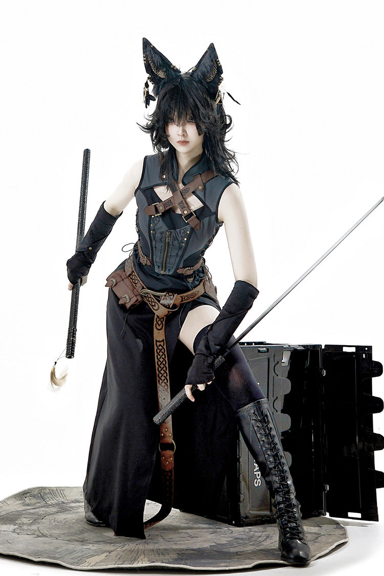 Black/Grey [Phantom of the Night] Sleeveless Lace-Up Fashion Gothic Punk Lolita Dress - Product - 3