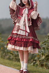 Little Red Riding Hood Long Sleeves Ruffle Sweet Lolita Dress - Red - 1