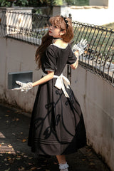 Black [Random Thoughts] Square Collar Short Sleeves Ruffle Classic Vintage Elegant Lolita Dress - Product - 4