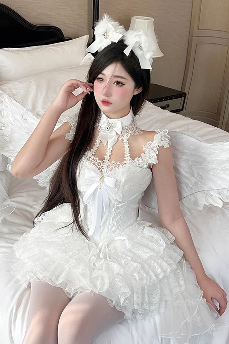 White Multi-layer Ruffle Hanayome Bowknot Lace Sweet Mini Lolita Skirt Dress - Product - 5