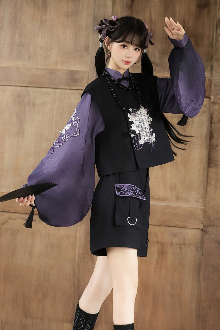 Black/Purple Stand Collar Long Sleeves Embroidery Classic Chinese Style Prince Hanfu Ouji Set - Product - 7