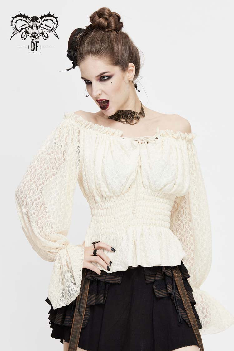 White Off Shoulder Long Sleeves Ruffle Lace Women's Gothic Blouse - Product - 2