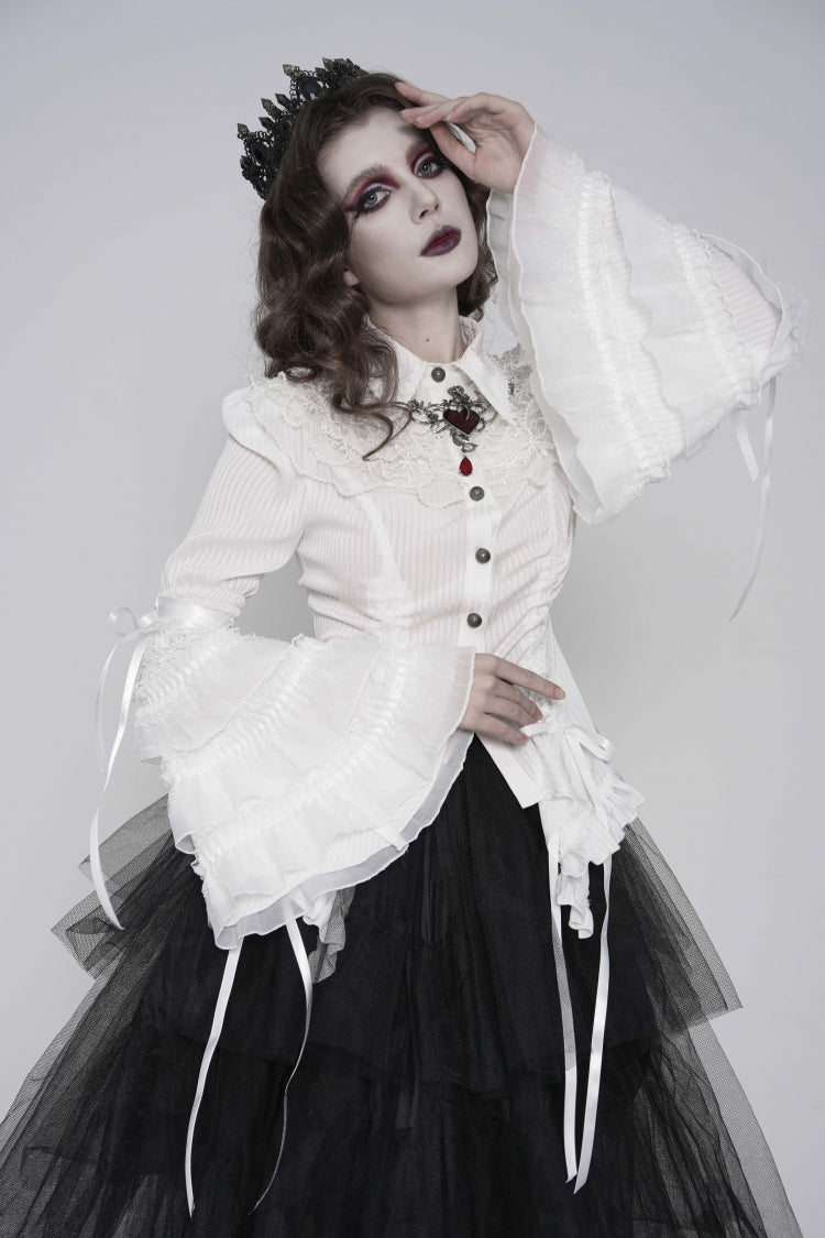 White Lapel Collar Long Trumpet Sleeves Lace Lace-Up Slim Women's Gothic Blouse - Product - 7
