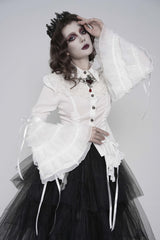 White Lapel Collar Long Trumpet Sleeves Lace Lace-Up Slim Women's Gothic Blouse - Product - 7