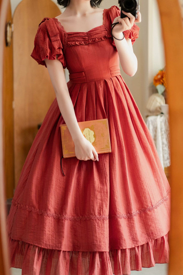 Red [Forest Gallery] Square Collar Short Sleeves Ruffled Bow Classic Vintage Elegant Lolita Dress - Product - 7