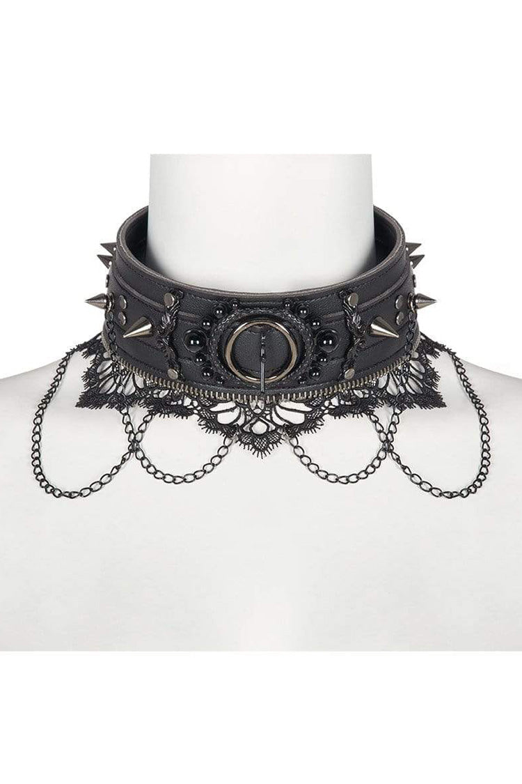 Black Leather Metal Rivets Lace Women's Gothic Chocker - Product - 5