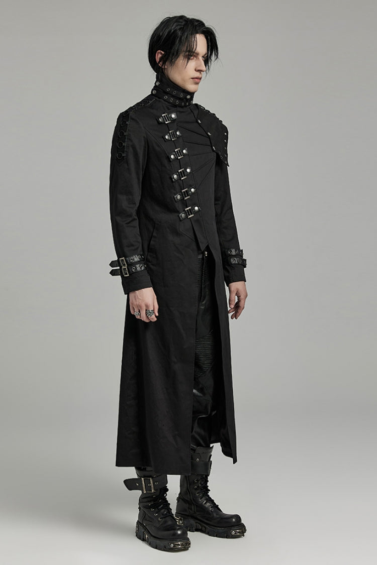 Black Stand Collar Slim Detachable Shoulder Pad Men's Gothic Coat - Product - 3