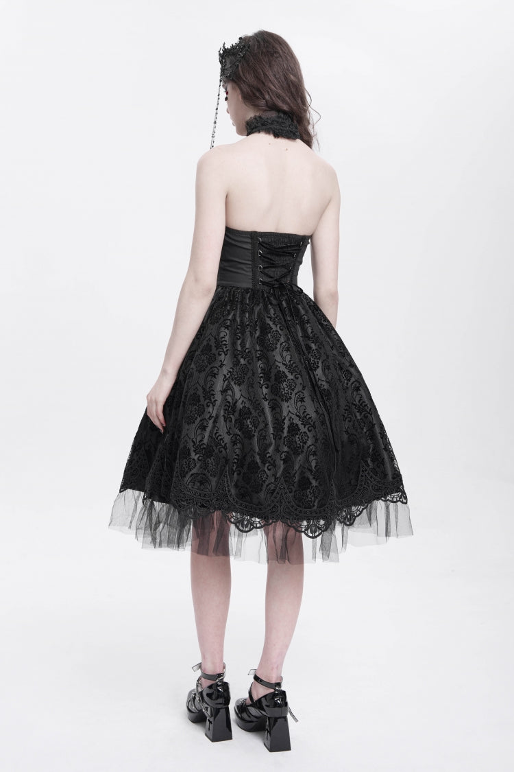 Black Halterneck Skeleton Print Embroidery Stitching Lace Women's Gothic Dress - Product - 11