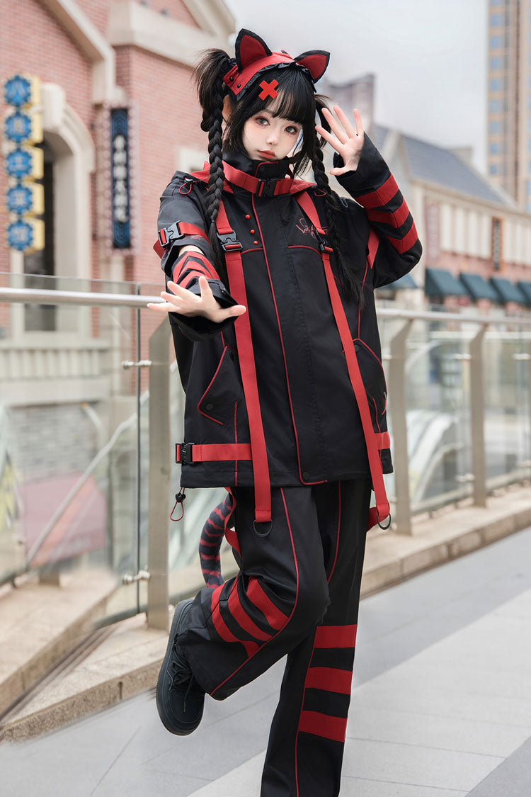 Black/Red Long Sleeves Print Cat Ears Hooded Jirai Kei Handsome Coat - Product - 4