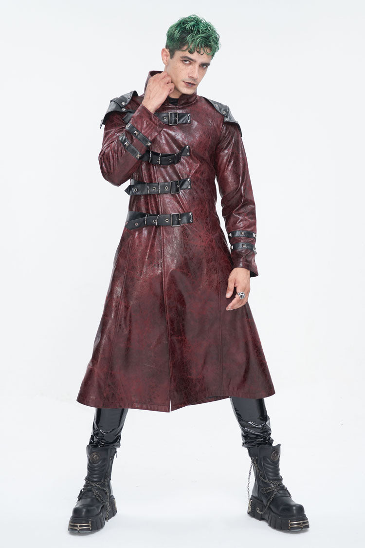 Red Stand Collar Multi Buckle Faux Long Leather Men's Punk Coat - Product - 2