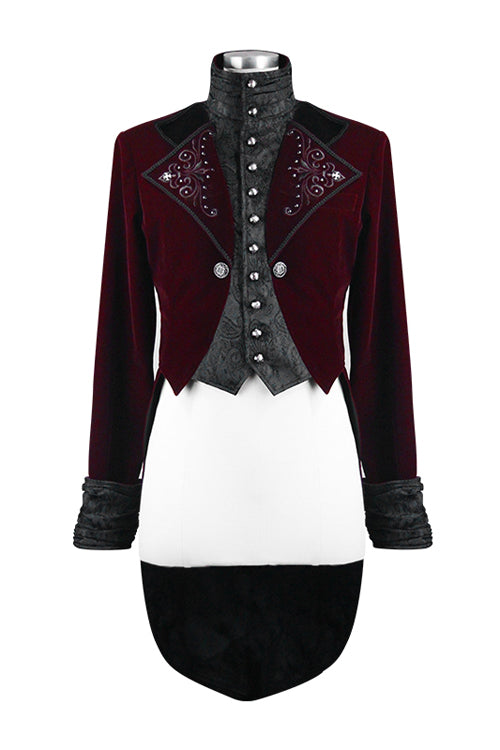 Wine Gothic Palace Embroidered Metal Rivets Dovetail Mens Coat - Product - 4