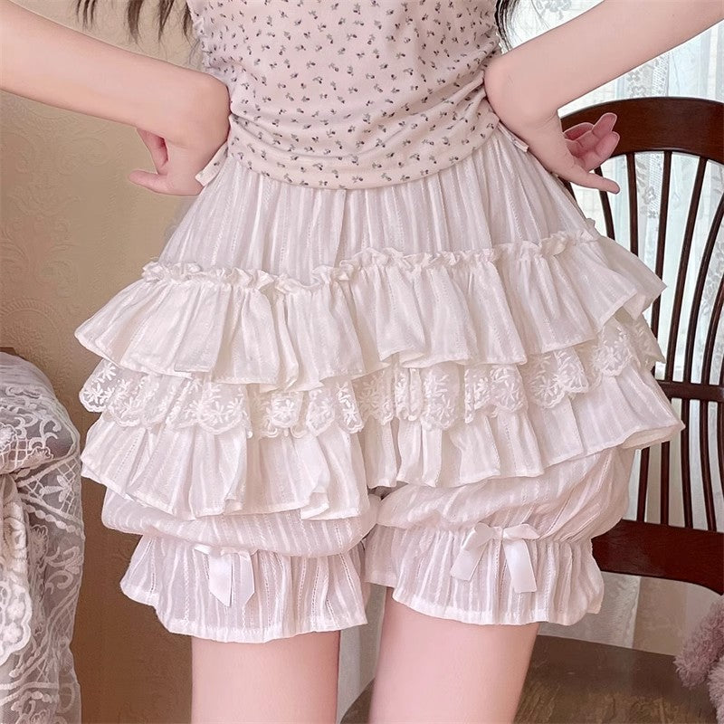 Lace Cotton Layered Lolita Pumpkin Pants 4 Colors - White - 4