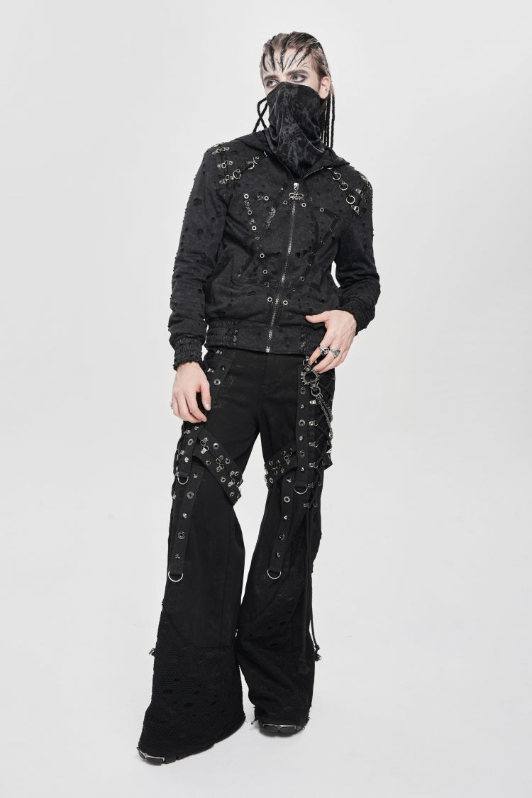 Black Long Sleeves Hexagram Print Hooded Ripped Pleated Men's Punk Coat - Product - 10