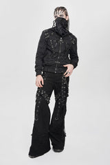 Black Long Sleeves Hexagram Print Hooded Ripped Pleated Men's Punk Coat - Product - 10