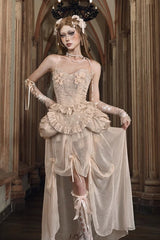 Apricot V Collar Sleeveless High Waisted Ruffle Embroidery Lace Fishbone Gothic Lolita Corset Skirt Set - Product - 3