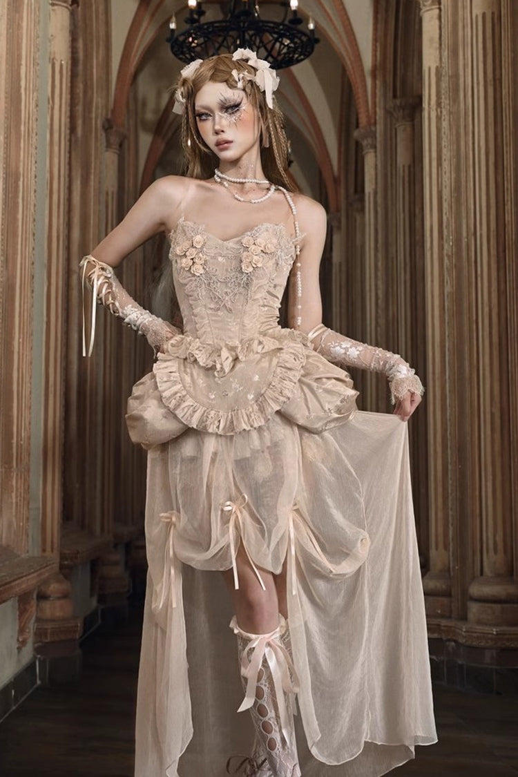 Apricot V Collar Sleeveless High Waisted Ruffle Embroidery Lace Fishbone Gothic Lolita Corset Skirt Set - Product - 3