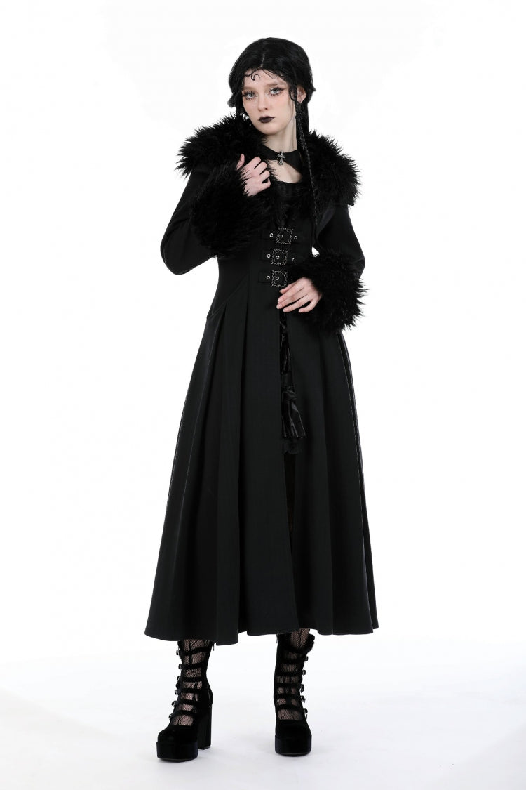 Black Long Sleeves Lace-Up Buckled Women's Gothic Draped Coat with Faux Fur Collar - Product - 5