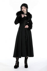 Black Long Sleeves Lace-Up Buckled Women's Gothic Draped Coat with Faux Fur Collar - Product - 5