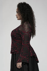 Red V Neck Stretch Mesh Fabric Abstract Pattern Design Flared Cuffs Women's Plus Size Gothic T-Shirt - Product - 2