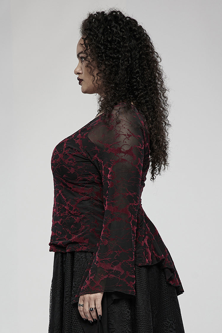 Red V Neck Stretch Mesh Fabric Abstract Pattern Design Flared Cuffs Women's Plus Size Gothic T-Shirt - Product - 2