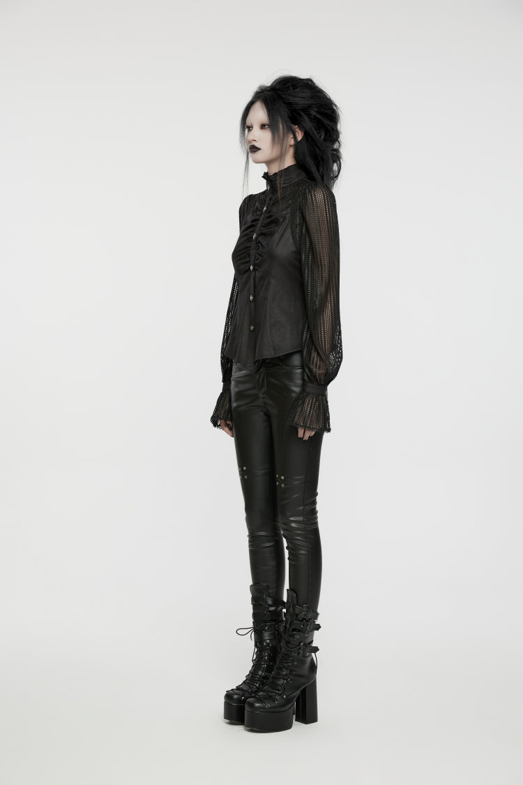 Black Stand Collar Stitching Mesh Women's Punk Blouse - Product - 5