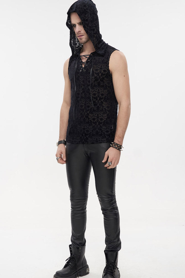 Black Punk Velvet Jacquard Chest Tie Sleeveless Hooded Men's Shirt - Product - 6