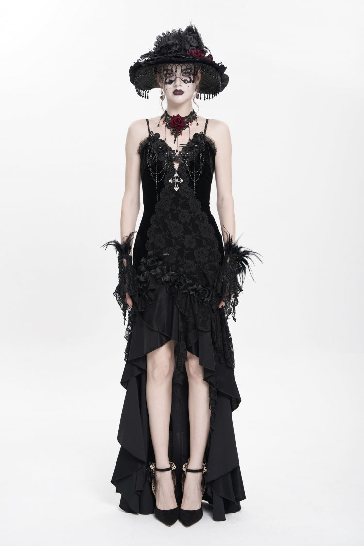 Black Sleeveless Cross Ruffled Floral Embroidered Chain-Decorated Women's Gothic Long Slip Dress - Product - 2