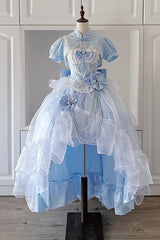 Blue/White Porcelain Printed Ruffled Bow Lace High-low Sweet Plus Size Lolita Jsk Dress(Long Version) - Blue/White - 1