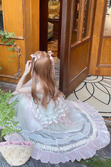 Pink/Green Summer Garden Ruffle Embroidery Bowknot Lace Sweet Lolita Jsk Long Dress - Product - 8