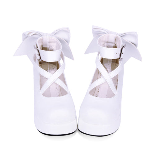 Round-toe Shallow Mouth Bowknot Cute Lolita Middle Heels Shoes - Product - 8