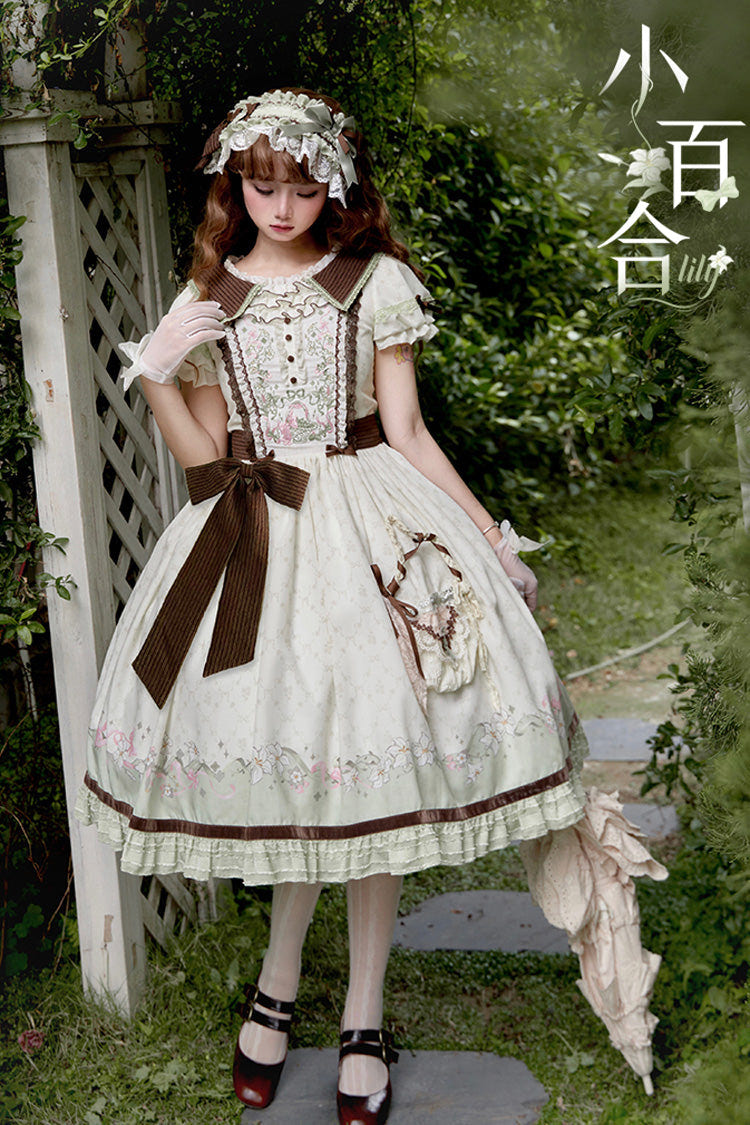 Green/Ivory [Lily] Short Sleeves Print Ruffle Embroidery Bowknot Lace Sweet Elegant Lolita Dress - Product - 9