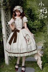 Green/Ivory [Lily] Short Sleeves Print Ruffle Embroidery Bowknot Lace Sweet Elegant Lolita Dress - Product - 9