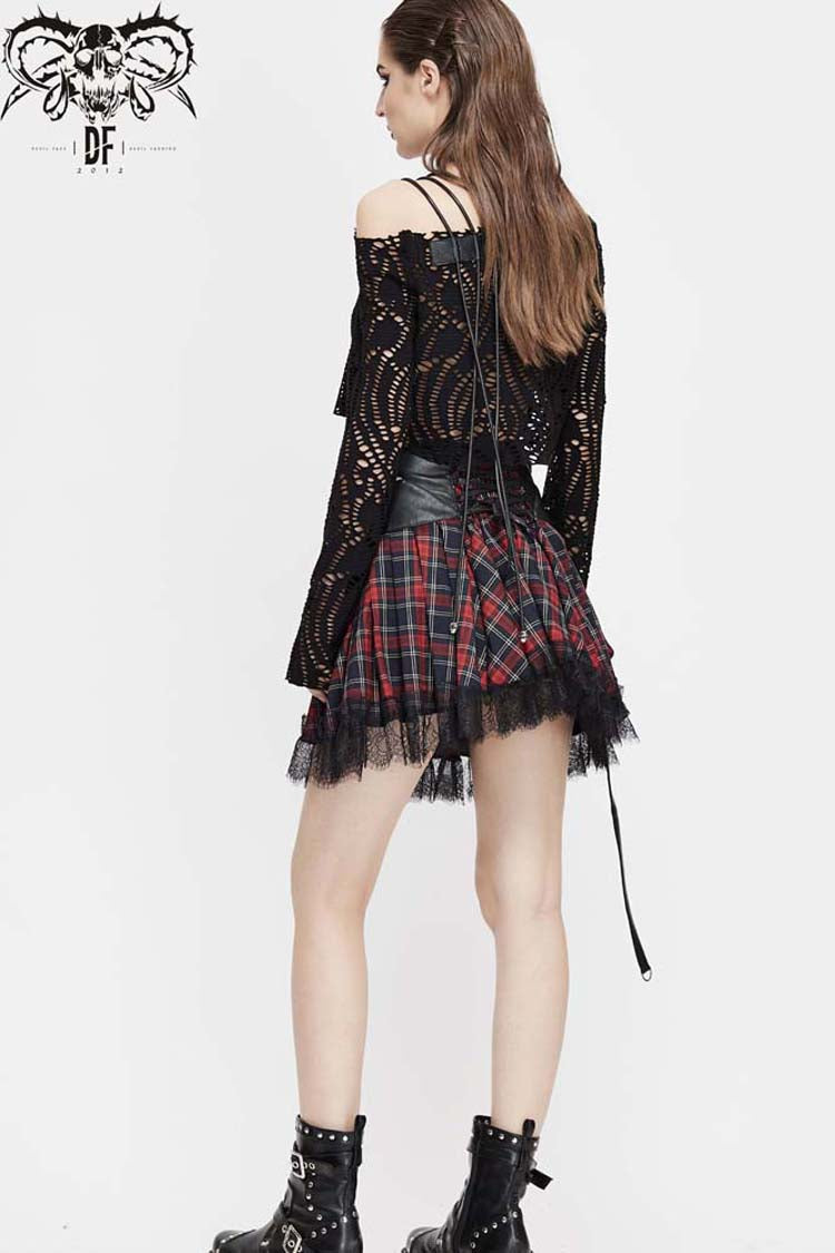 Black Long Sleeve Hollow Out Irregular Collar Coarse Wax Rope Straps Women's Punk Shirt - Product - 7